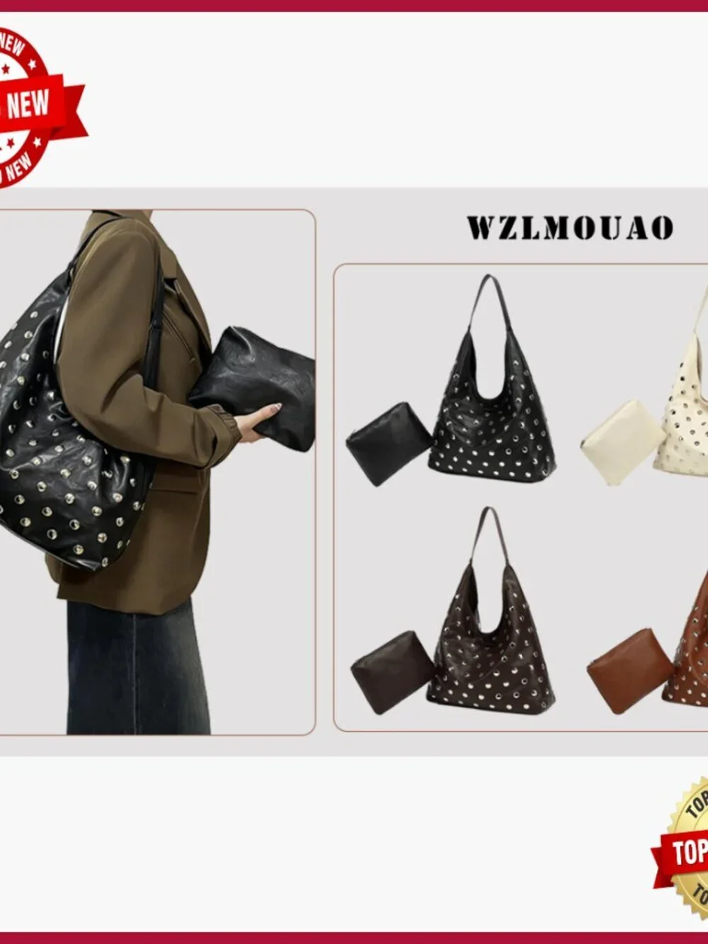 Studded Vegan Leather Hobo Tote Shoulder Bag Spacious Slouchy Purse